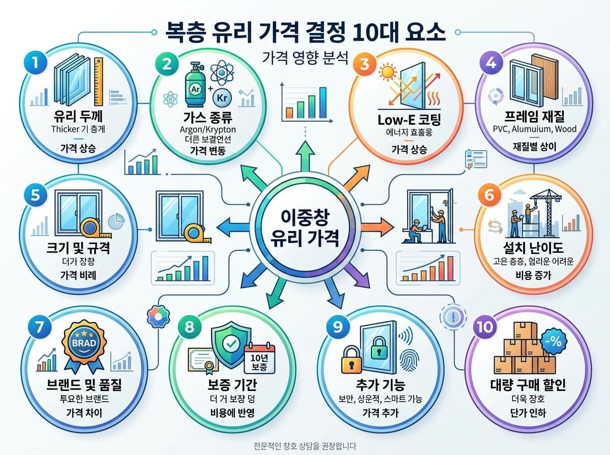 복층유리 가격 인포그래픽 - 가격 구성 요소와 영향도 시각화