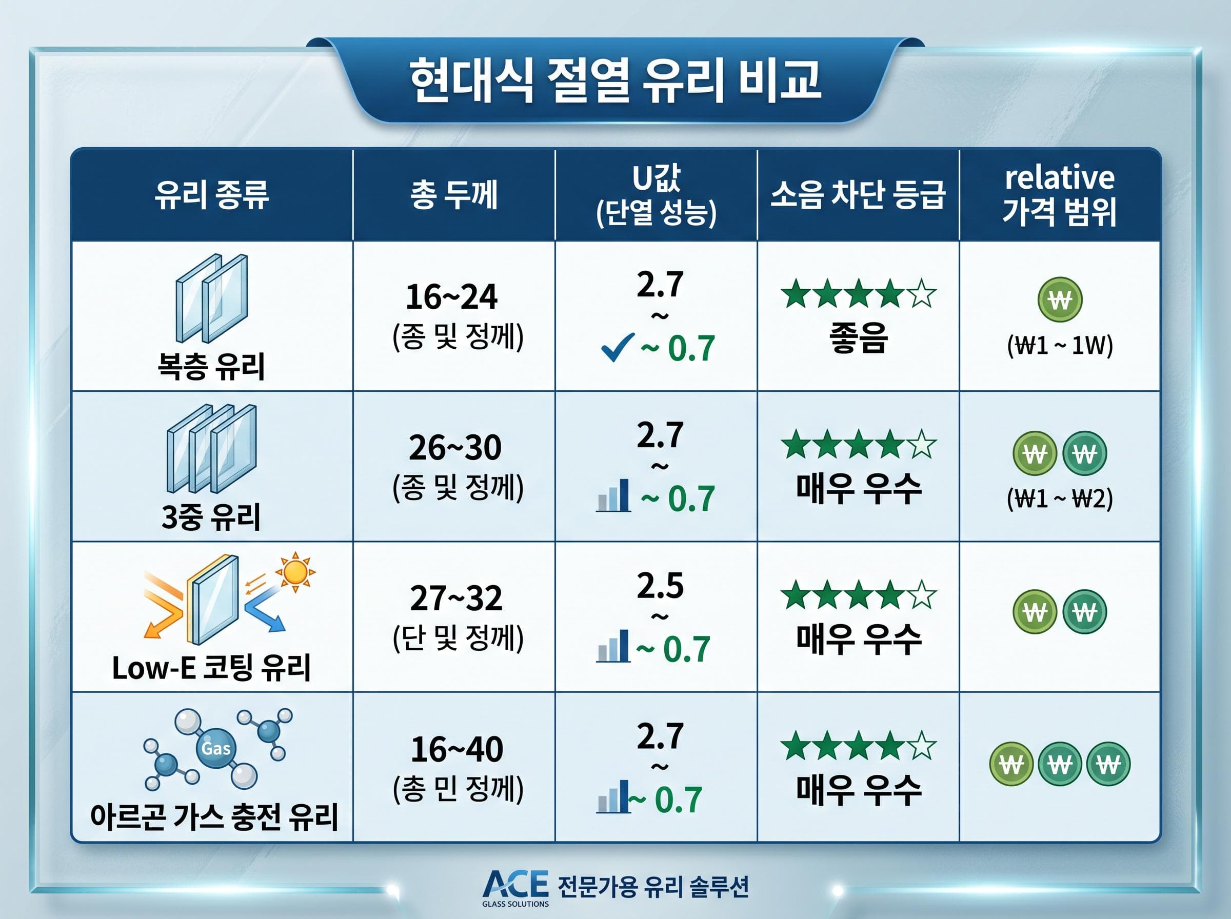 복층유리 종류별 규격 비교 인포그래픽 - 일반, 로이, 강화, 접합 복층유리의 성능 비교