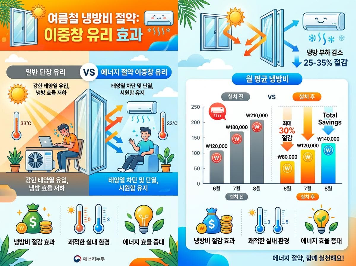 냉방비 절감 인포그래픽 - 단일유리와 복층유리, 로이 코팅 복층유리의 에너지 비용 비교