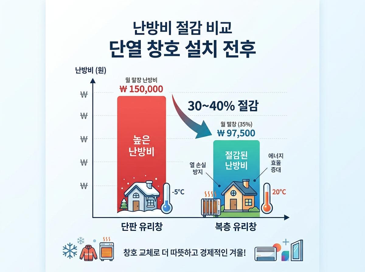 복층유리 단열 효과 사진 - 열화상 카메라로 촬영한 단일유리와 복층유리의 온도 차이 비교